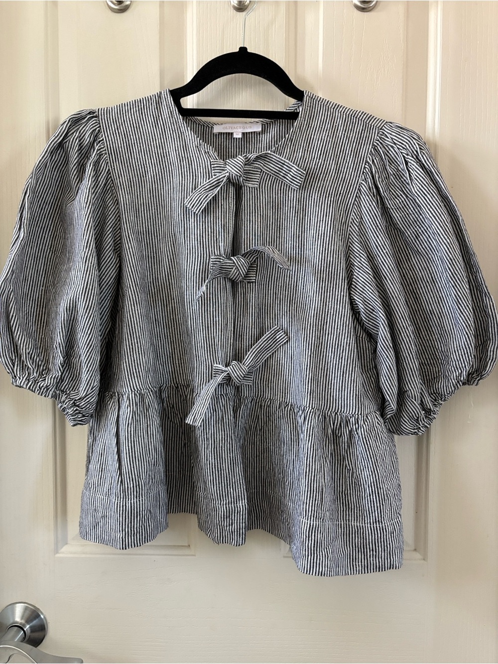 Olivaceous Black & White Striped front tie peplum blouse